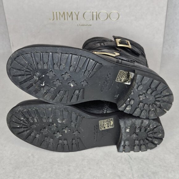 Jimmy Choo Black Biker Leather Unlined Belted Boots BKU 247 with Box Size 37/6.5 - Picture 10 of 10